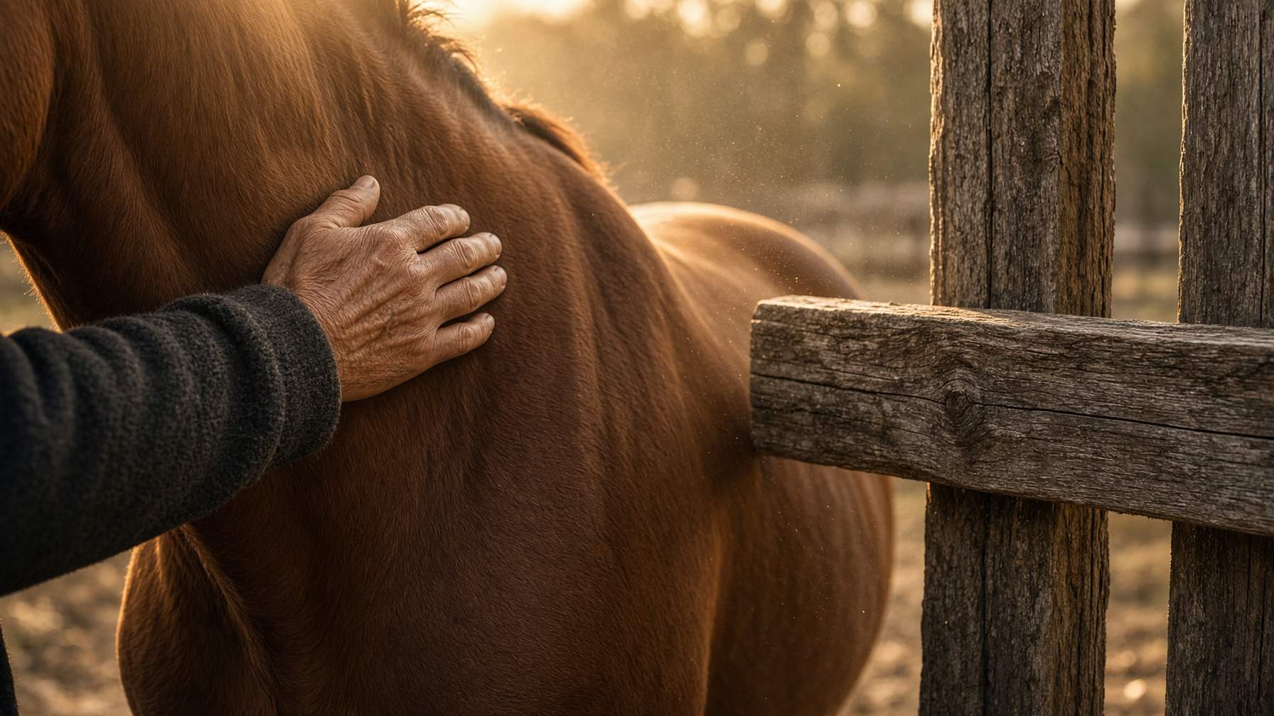 A weathered hand resting on a chestnut horse at a paddock gate