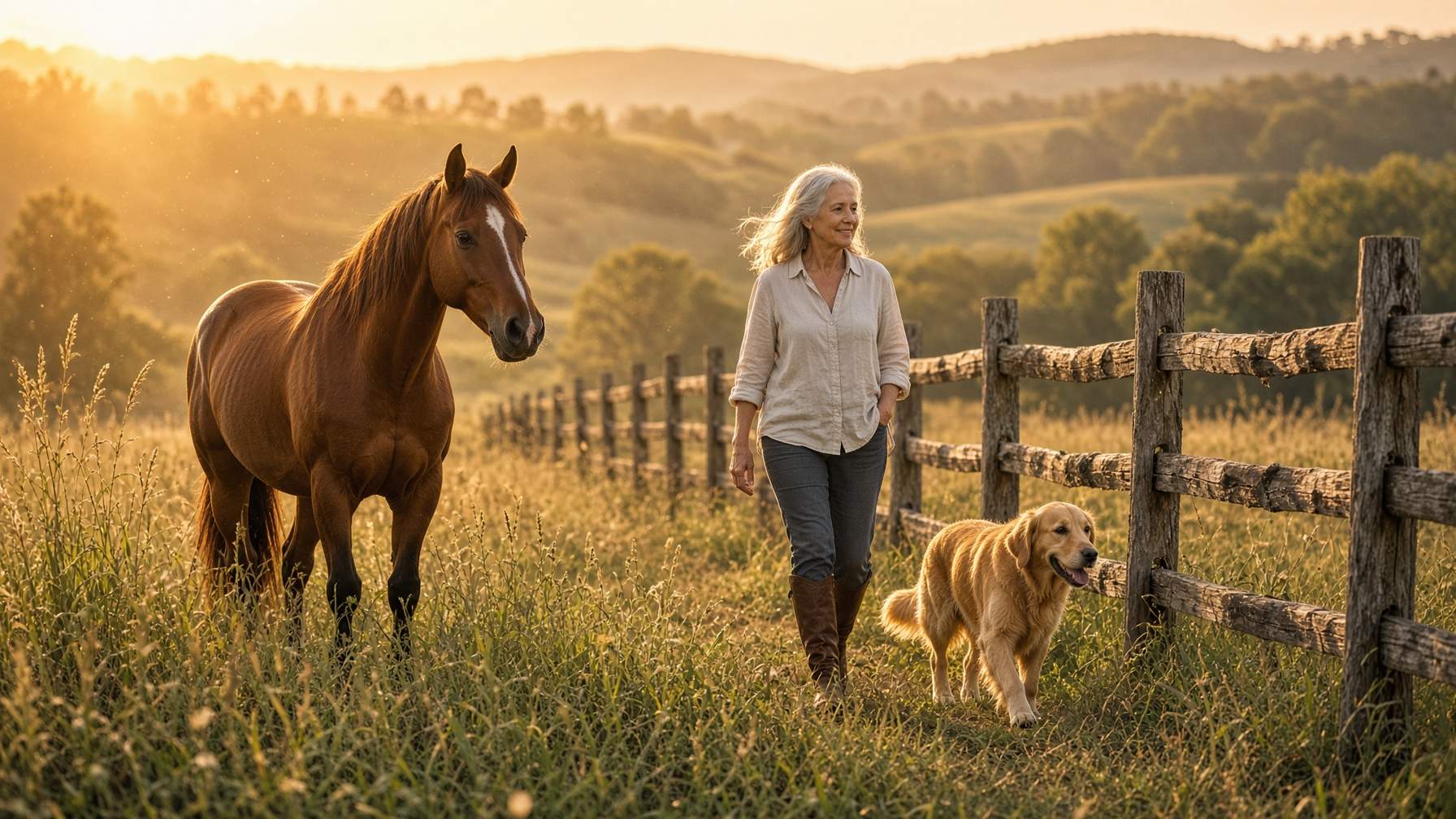 A chestnut horse in a Tennessee pasture while a woman walks a golden retriever along the fence at golden hour