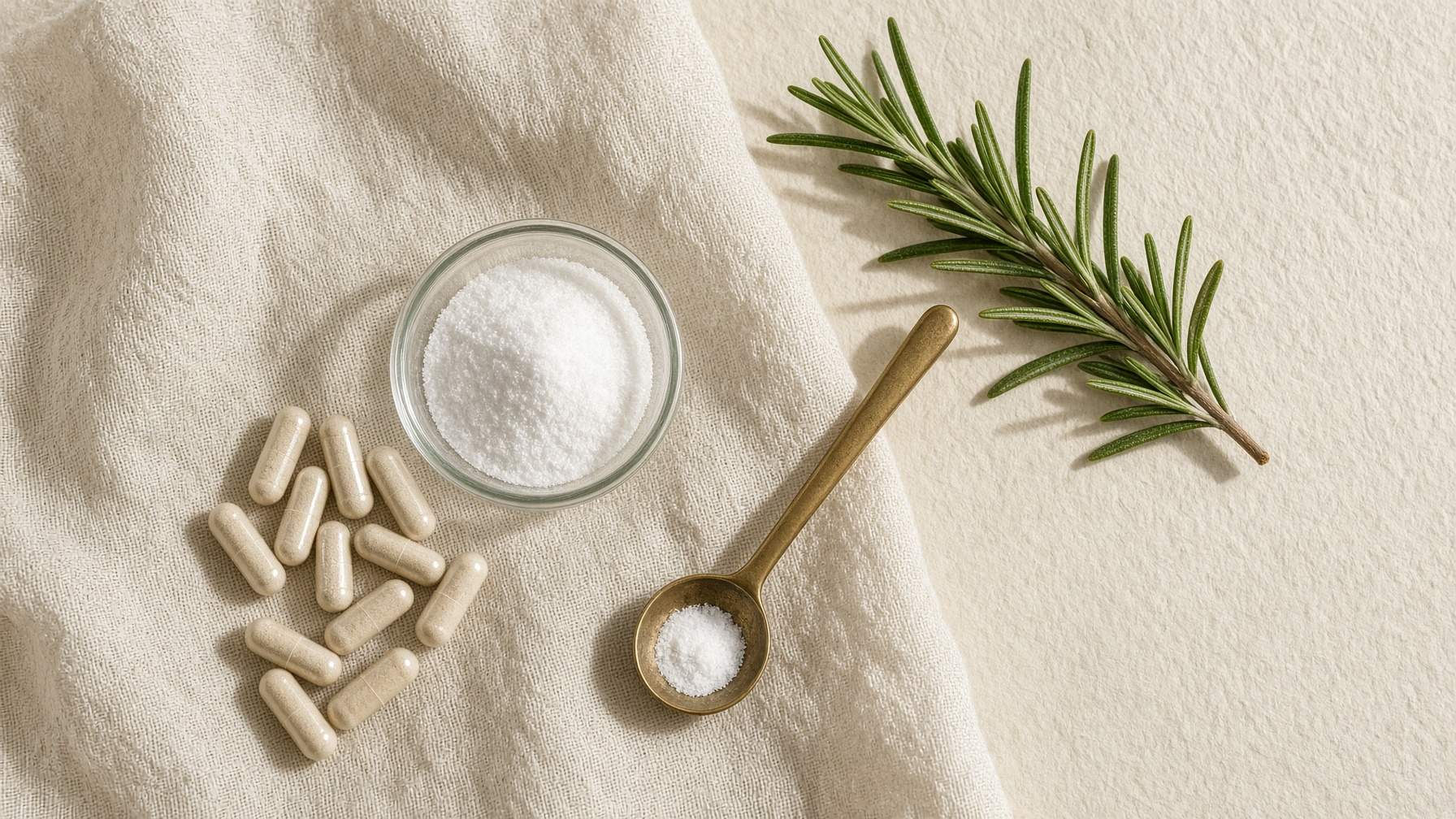 Capsules and crystalline powder on linen